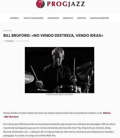 Screenshot of the ProgJazz Bill Bruford interview.